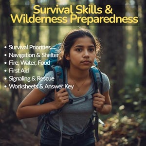 Pode incluir: Uma pessoa com uma mochila numa floresta. A imagem inclui o texto "Survival Skills & Wilderness Preparedness" e lista tópicos como prioridades de sobrevivência, navegação, fogo, primeiros socorros e folhas de exercícios.