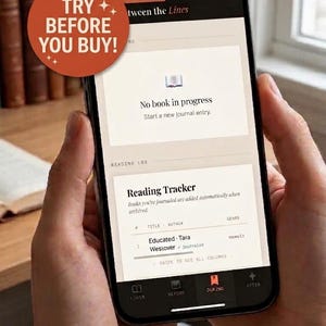 May include: A smartphone displays a reading tracker app with the text "tween the Lines." The app shows a book title, author, and genre. A circular orange graphic reads "TRY BEFORE YOU BUY!" in white text. The background includes a stack of books.