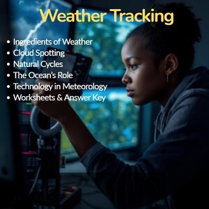 May include: A person looking at a device with the words "Weather Tracking" at the top. The image lists topics including "Ingredients of Weather," "Cloud Spotting," and "Worksheets & Answer Key."