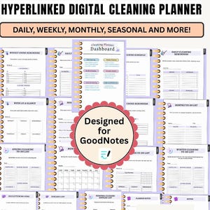 May include: A digital cleaning planner with a purple cover and gold spiral binding. The planner includes daily, weekly, monthly, and seasonal sections. The image also shows a bonus sticker pack with cute animal stickers. Text on the image reads "Hyperlinked Digital Cleaning Planner."