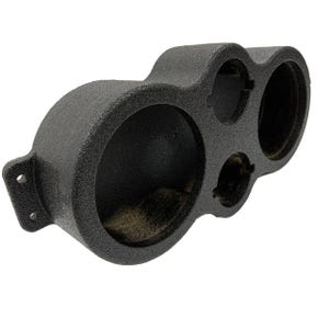 May include: A black, textured gauge pod with three circular openings of varying sizes. The pod has a rounded shape with a mounting bracket on the left side. The openings are designed to hold gauges.
