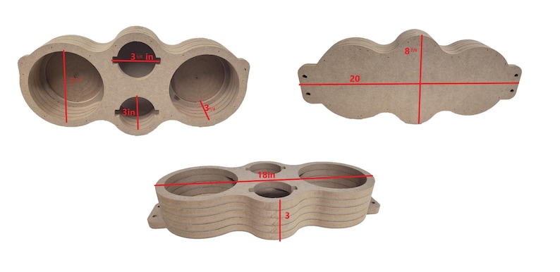 May include: A layered, unfinished wood organizer with three circular openings and a smaller central opening. The overall dimensions are 20 inches wide, 8.75 inches high, and 3 inches deep. The openings are 3 inches in diameter.