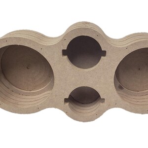 May include: A light brown, multi-compartment wooden organizer with three circular openings and two oval openings. The organizer is made of layered wood and has a symmetrical design, suitable for various storage needs.