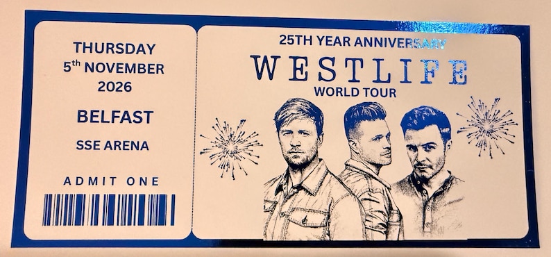 Westlife inspired 25th Anniversary world tour music fan foiled ticket souvenir design two