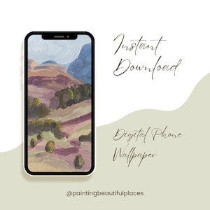 May include: Digital phone wallpaper featuring a painting of a landscape with rolling hills, trees, and a cloudy sky. The colors are muted and earthy, with shades of purple, brown, and green. The text "Instant Download" and "Digital Phone Wallpaper" is visible in the image. The text "@paintingbeautifulplaces" is also visible at the bottom of the image.