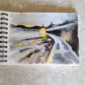 Luce della sera piovosa / Paesaggio Tecnica mista e pittura ad acquerello / Arte su carta / Scena notturna ad acquerello
