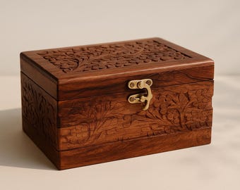 Joyero de madera tallada a mano / Organizador forrado de terciopelo de edición limitada / Caja de recuerdos con diseño floral vintage / Hecho a mano en Pakistán