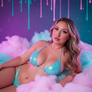 Peut inclure: Bikini turquoise avec un effet métallique. Le modèle est allongé sur un lit de nuages de barbe à papa roses et bleus. L'arrière-plan présente un dégradé de violet et de bleu avec des gouttes de peinture.