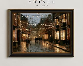 Cozy Autumn Street Art | Fall Wall Art | Rainy Evening Print | Village Street Decor | Moody Fall Printable | Autumn Night Art