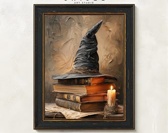 Witch Hat Wall Art | Halloween Printable | Witchcore Decor | Vintage Books Print | Gothic Halloween Art | Spooky Bookish Art