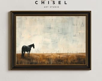 Black Horse Farm Wall Art Printable | Rustic Western Horse Artwork | Country Landscape Decor | Neutral Rural Art
