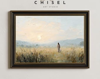 Jesus With Lamb Art | Good Shepherd Landscape Print | Christian Wall Art | Bible Verse Decor | Pastoral Jesus Artwork