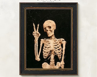 Skeleton Peace Sign Print | Halloween Wall Art | Gothic Skeleton Decor | Spooky Season Printable | Dark Moody Art