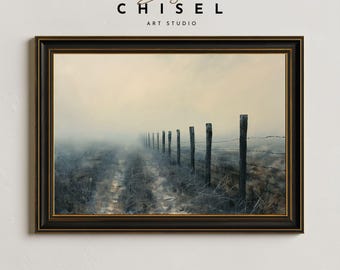 Foggy Fence Line Farm Wall Art Printable | Moody Country Landscape | Rustic Rural Wall Art | Minimal Farm Decor