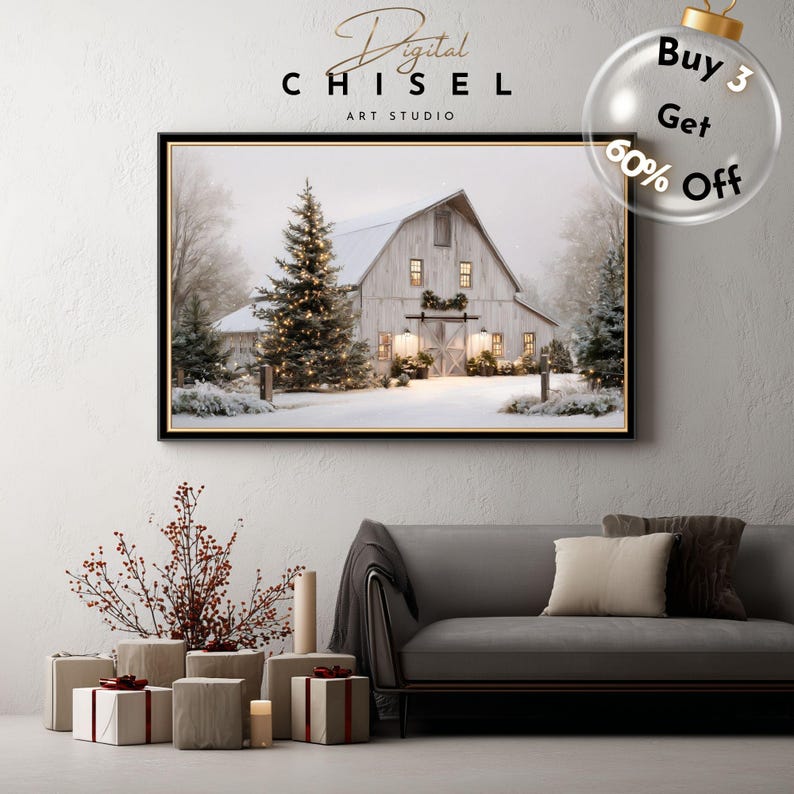 Rustic Christmas Barn Wall Art Printable, Cozy Winter Landscape ...