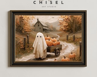 Ghost Pumpkin Cart Art | Halloween Wall Art | Fall Farmhouse Print | Vintage Ghost Decor | Autumn Pumpkin Printable | Spooky Art