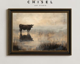 Moody Cow Reflection Farm Wall Art Printable | Rustic Rural Landscape | Minimal Country Wall Art | Farmhouse Decor