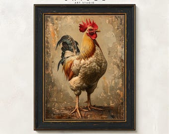 Rooster Wall Art Printable | Rustic Farm Chicken Portrait | Country Farmhouse Animal Artwork | Kitchen Decor Art