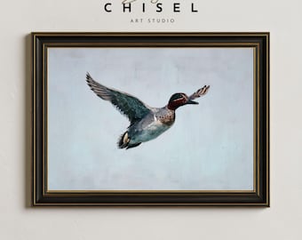 Green Winged Teal Wall Art Printable | Flying Waterfowl Artwork | Hunting Cabin Decor | Wildlife Print | Rustic Nature Inspired Duck Art