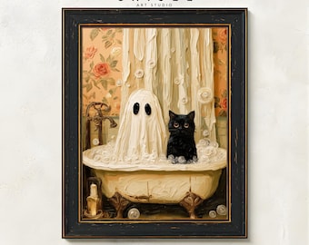 Ghost and Black Cat Art | Halloween Bathroom Print | Cute Spooky Decor | Vintage Bathtub Wall Art | Whimsical Ghost Print