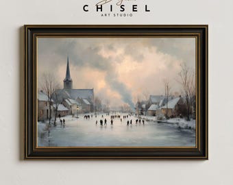 Vintage Winter Village Ice Skating Painting, Fine Art Christmas Wall Art, Cozy Holiday Landscape Printable, Rustic Winter Home Decor