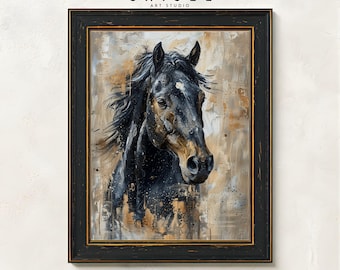 Black Horse Wall Art Printable | Western Horse Painting | Rustic Equine Artwork | Farm Ranch Decor Art