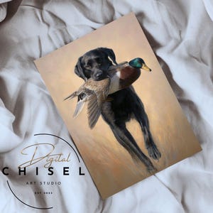 A detailed artwork of a black Labrador retriever holding a harvested mallard drake, showcasing the drake’s iridescent green head and rich chestnut tones. The dog stands confidently in tall grass, conveying the tradition of waterfowl hunting and the loyal partnership between retriever and hunter. The textured brushwork creates a warm, rustic outdoor atmosphere suitable for sporting décor.