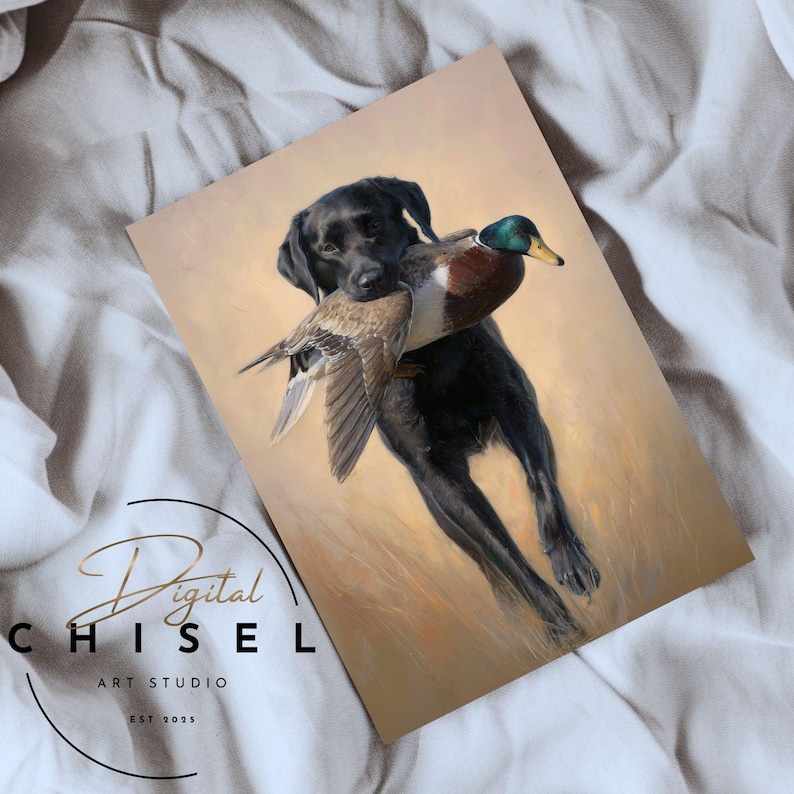 A detailed artwork of a black Labrador retriever holding a harvested mallard drake, showcasing the drake’s iridescent green head and rich chestnut tones. The dog stands confidently in tall grass, conveying the tradition of waterfowl hunting and the loyal partnership between retriever and hunter. The textured brushwork creates a warm, rustic outdoor atmosphere suitable for sporting décor.