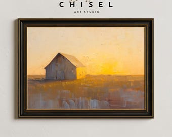 Golden Barn Sunset Wall Art Printable | Rustic Farm Landscape | Country Decor | Minimal Farmhouse Artwork | Digital Download