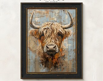 Highland Cow Wall Art Printable | Rustic Farm Animal Artwork | Western Cattle Painting | Country Farmhouse Decor