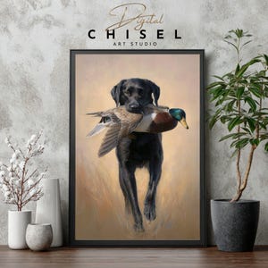A detailed artwork of a black Labrador retriever holding a harvested mallard drake, showcasing the drake’s iridescent green head and rich chestnut tones. The dog stands confidently in tall grass, conveying the tradition of waterfowl hunting and the loyal partnership between retriever and hunter. The textured brushwork creates a warm, rustic outdoor atmosphere suitable for sporting décor.