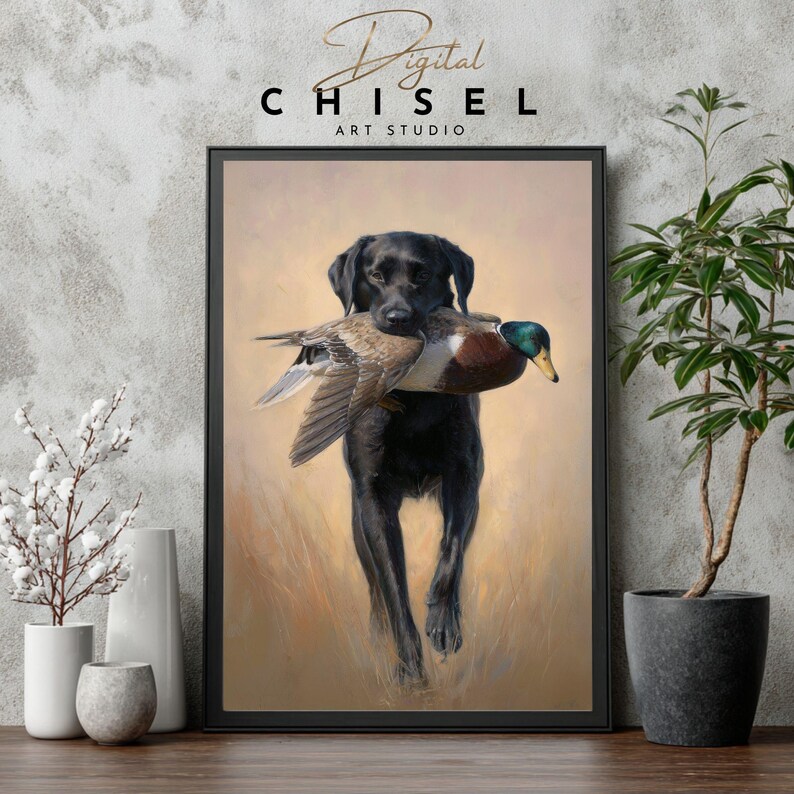 A detailed artwork of a black Labrador retriever holding a harvested mallard drake, showcasing the drake’s iridescent green head and rich chestnut tones. The dog stands confidently in tall grass, conveying the tradition of waterfowl hunting and the loyal partnership between retriever and hunter. The textured brushwork creates a warm, rustic outdoor atmosphere suitable for sporting décor.