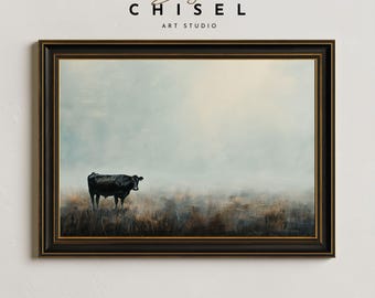 Moody Black Cow Farm Wall Art Printable | Rustic Cattle Artwork | Country Farmhouse Decor | Neutral Rural Art