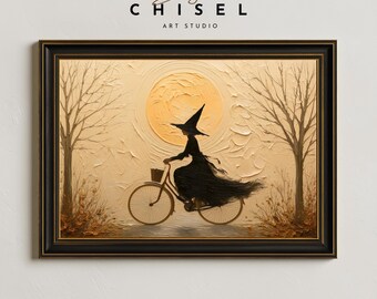 Witch on Bicycle Art | Halloween Wall Art | Whimsical Witch Print | Full Moon Decor | Vintage Halloween Printable | Witchcore Art