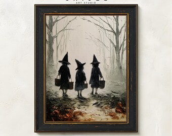 Little Witches Print | Halloween Wall Art | Trick or Treat Decor | Vintage Witch Printable | Spooky Autumn Wall Art