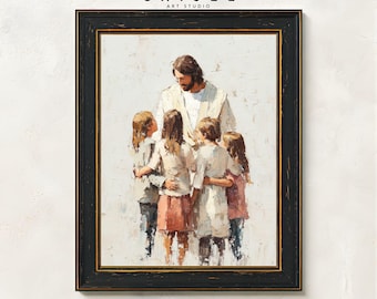 Cuadro de Jesús con niños / Arte cristiano para imprimir / Pintura de Jesús con niños / Decoración bíblica para habitación infantil / Decoración religiosa para el hogar