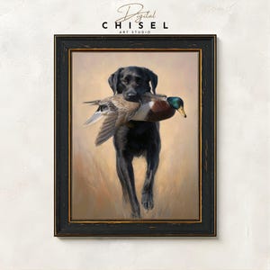 A detailed artwork of a black Labrador retriever holding a harvested mallard drake, showcasing the drake’s iridescent green head and rich chestnut tones. The dog stands confidently in tall grass, conveying the tradition of waterfowl hunting and the loyal partnership between retriever and hunter. The textured brushwork creates a warm, rustic outdoor atmosphere suitable for sporting décor.