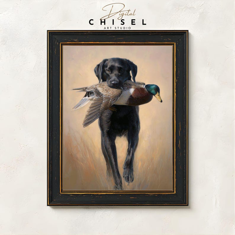 A detailed artwork of a black Labrador retriever holding a harvested mallard drake, showcasing the drake’s iridescent green head and rich chestnut tones. The dog stands confidently in tall grass, conveying the tradition of waterfowl hunting and the loyal partnership between retriever and hunter. The textured brushwork creates a warm, rustic outdoor atmosphere suitable for sporting décor.