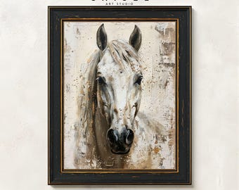 White Horse Portrait Wall Art Printable | Elegant Equine Artwork | Neutral Farm Animal Art | Rustic Horse Decor