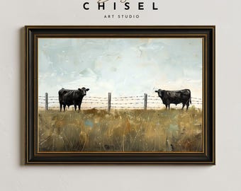 Black Cows Pasture Fence Wall Art Printable | Minimal Farm Animal Landscape | Rustic Country Decor | Modern Farmhouse