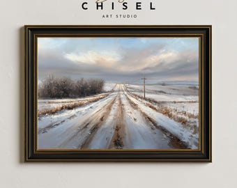Snowy Rural Road Winter Wall Art Printable | Country Landscape Artwork | Rustic Farm Road Decor | Minimal Winter Art