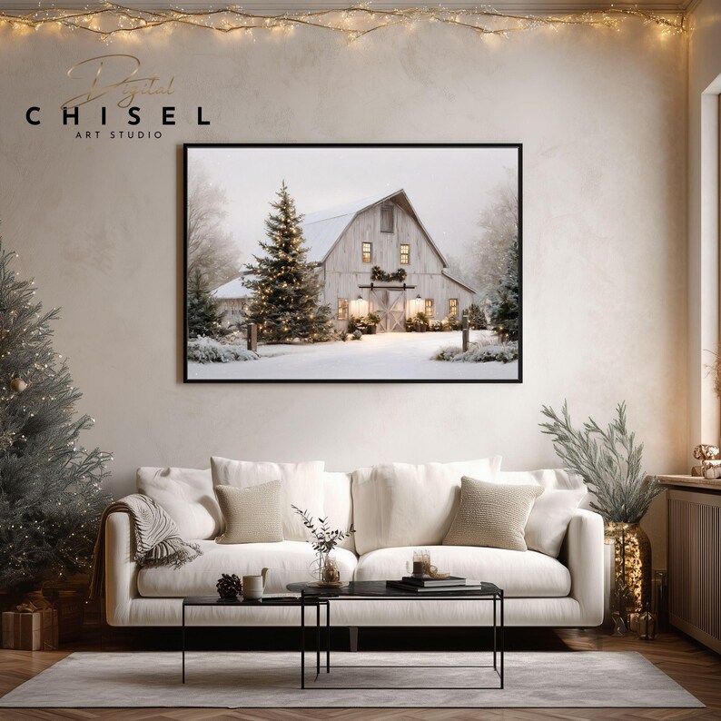 Rustic Christmas Barn Wall Art Printable, Cozy Winter Landscape ...