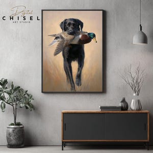 A detailed artwork of a black Labrador retriever holding a harvested mallard drake, showcasing the drake’s iridescent green head and rich chestnut tones. The dog stands confidently in tall grass, conveying the tradition of waterfowl hunting and the loyal partnership between retriever and hunter. The textured brushwork creates a warm, rustic outdoor atmosphere suitable for sporting décor.