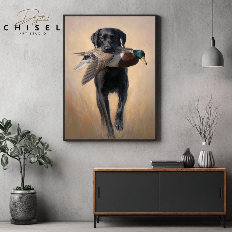 A detailed artwork of a black Labrador retriever holding a harvested mallard drake, showcasing the drake’s iridescent green head and rich chestnut tones. The dog stands confidently in tall grass, conveying the tradition of waterfowl hunting and the loyal partnership between retriever and hunter. The textured brushwork creates a warm, rustic outdoor atmosphere suitable for sporting décor.