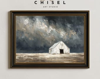 Moody Barn Wall Art Printable | Rustic Farm Landscape Artwork | Country Barn Under Stormy Sky | Minimal Farmhouse Decor