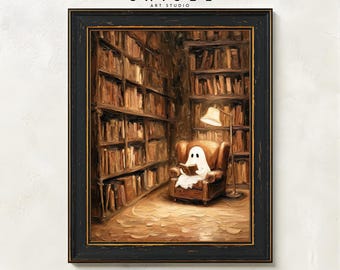 Ghost Reading Print | Halloween Wall Art | Cozy Library Decor | Book Lover Ghost Art | Spooky Cottage Printable | Fall Decor