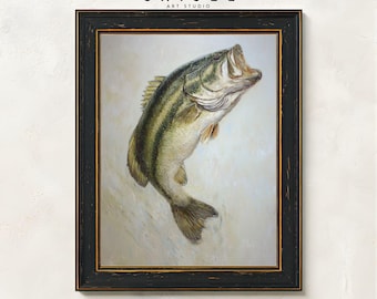 Arte murale raffigurante il black bass / Dipinto raffigurante il salto del black bass / Decorazione di una baita sul lago per pescatori / Opera d'arte rustica da regalo per pescatori