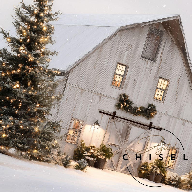 Rustic Christmas Barn Wall Art Printable, Cozy Winter Landscape ...