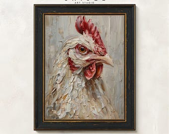 White Chicken Portrait Wall Art Printable | Farmhouse Rooster Art | Rustic Farm Animal Decor | Country Kitchen Wall Art
