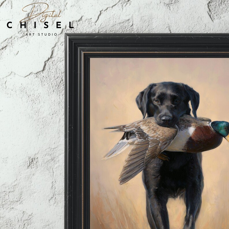 A detailed artwork of a black Labrador retriever holding a harvested mallard drake, showcasing the drake’s iridescent green head and rich chestnut tones. The dog stands confidently in tall grass, conveying the tradition of waterfowl hunting and the loyal partnership between retriever and hunter. The textured brushwork creates a warm, rustic outdoor atmosphere suitable for sporting décor.